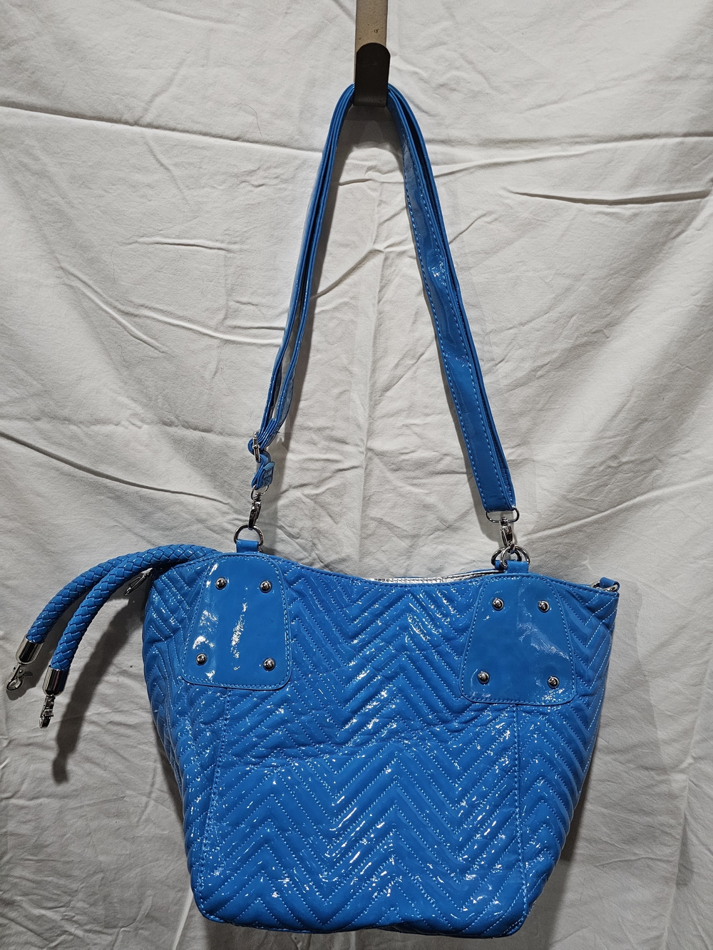 Big Buddha Patent Chevron Shoulder Tote in Vivid Blue